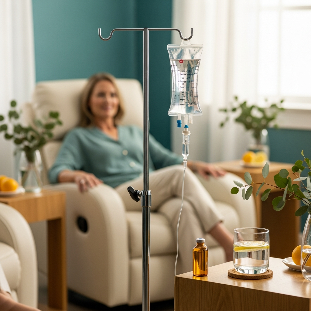 A clear IV drip bag on a chrome stand beside an amber glutathione vial and a glass of lemon water in a bright, calming IV therapy lounge