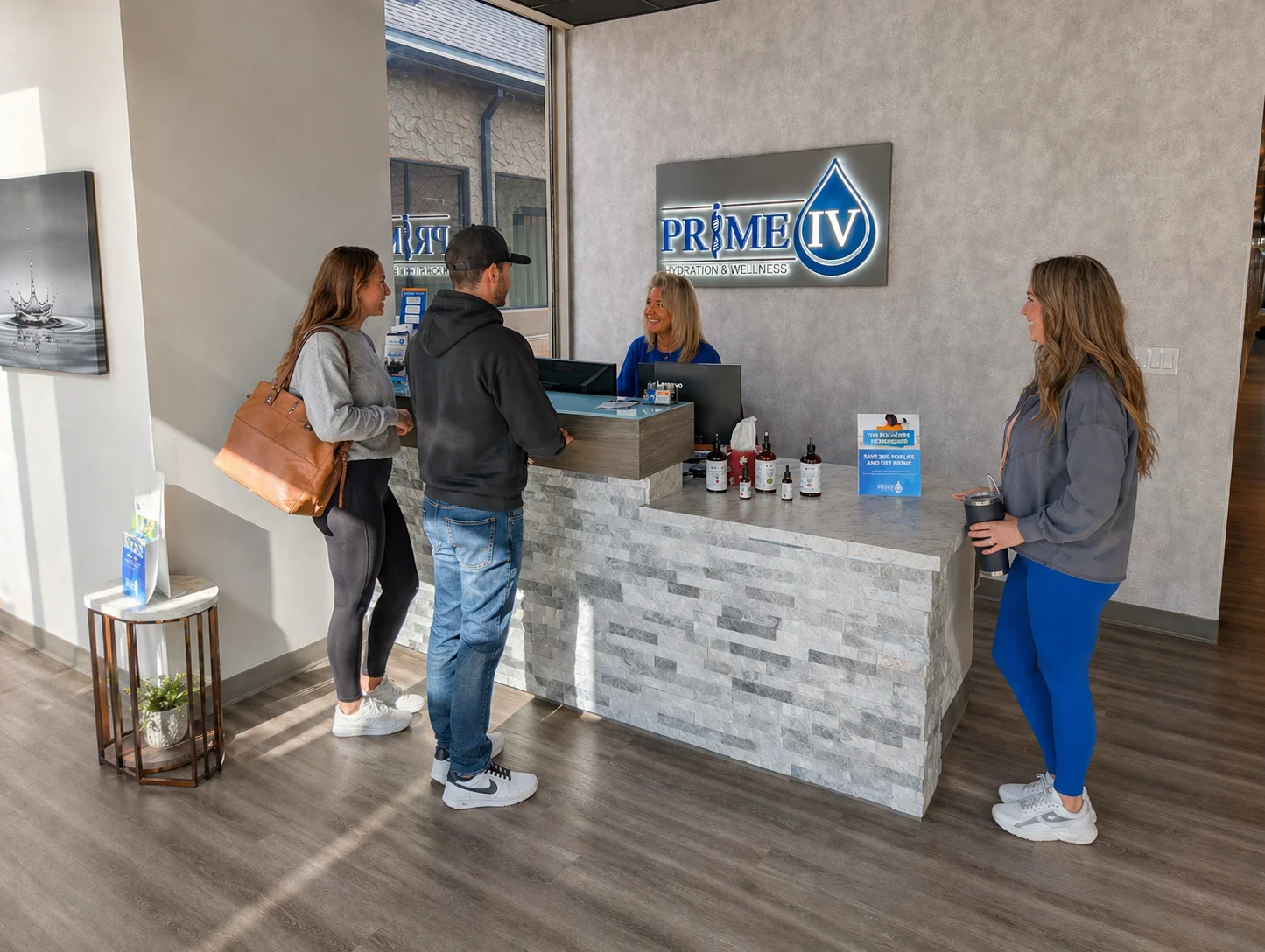The welcoming front desk and reception area at Prime IV Hydration & Wellness Kansas City